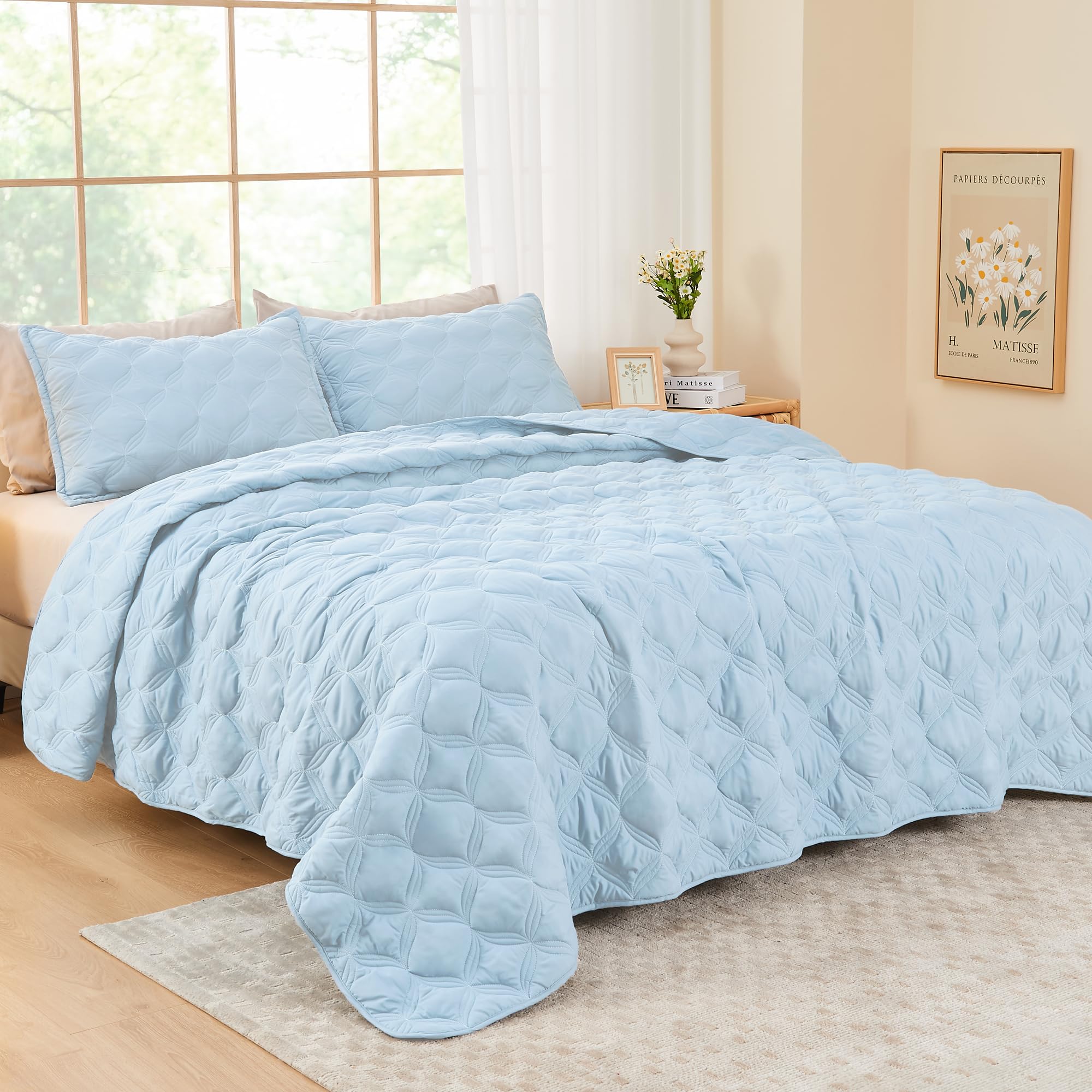 Litanika King Size Quilt Bedding Set, Light Blue Summer Lightweight Soft Comforter Bedspreads & Coverlets, Boho Farmhouse Beddin